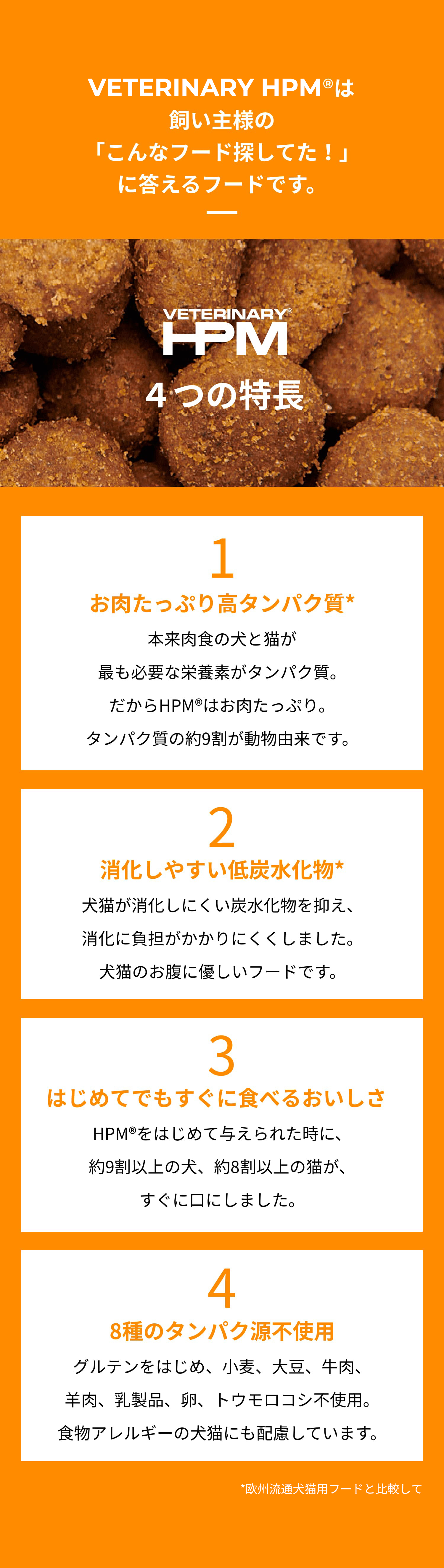 VETERINARY HPM®︎は飼い主様の「こんなフード探してた!」に答えるフードです。1お肉たっぷり高タンパク質* 本来肉食の犬と猫が最も必要な栄養素がタンパク質。だからHPMはお肉たっぷり。タンパク質の約9割が動物由来です。 2消化しやすい低炭水化物* 犬猫が消化しにくい炭水化物を抑え、消化に負担がかかりにくくしました。犬猫のお腹に優しいフードです。 3はじめてでもすぐに食べるおいしさ HPM®︎をはじめて与えられた時に、約9割以上の犬、約8割以上の猫が、すぐに口にしました。 48種のタンパク源不使用 グルテンをはじめ、小麦、大豆、牛肉、羊肉、乳製品、卵、トウモロコシ不使用。食物アレルギーの犬猫にも配慮しています。 *弊社従来製品と比較して